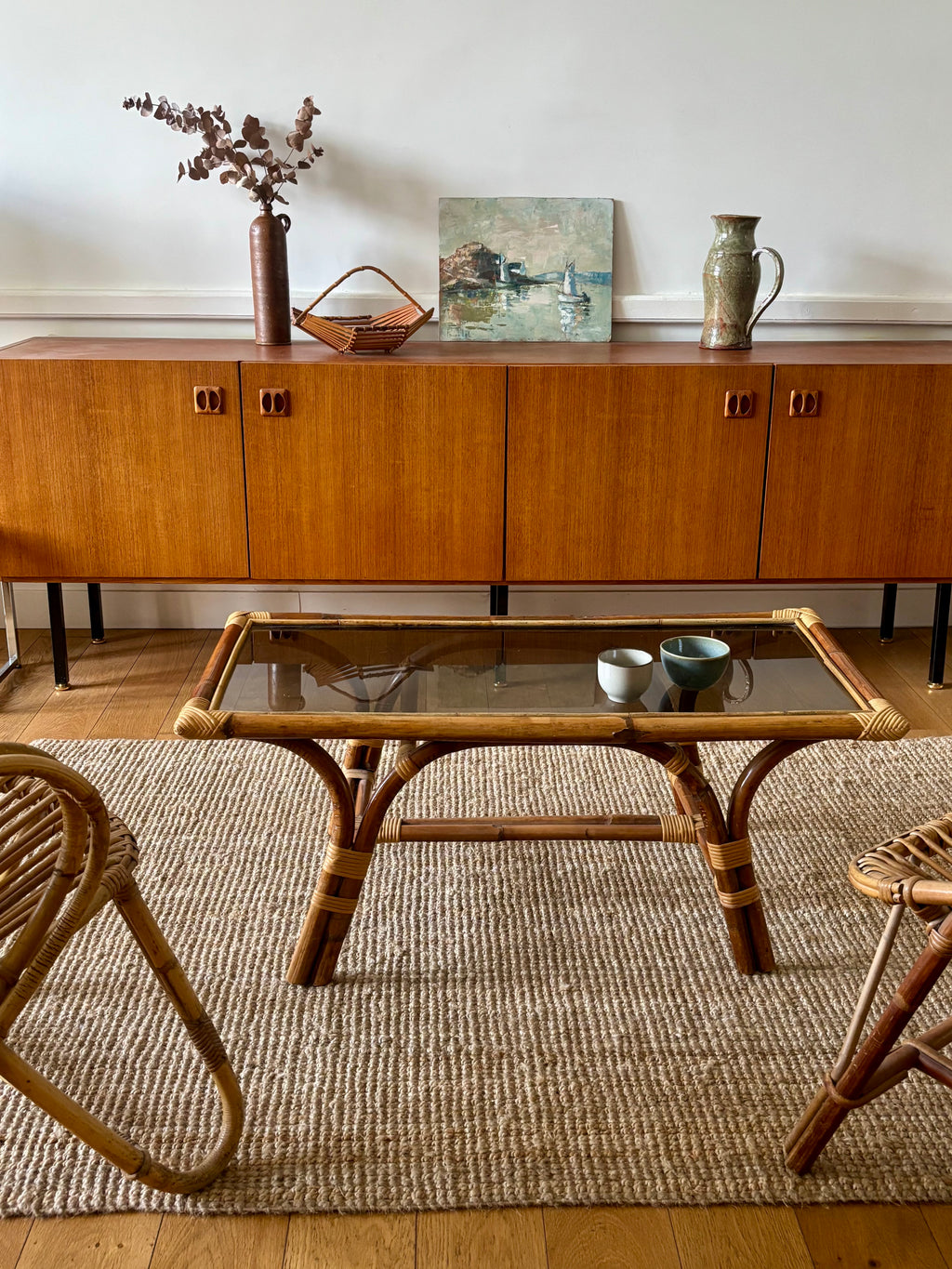 Table basse en bambou et rotin – années 70
