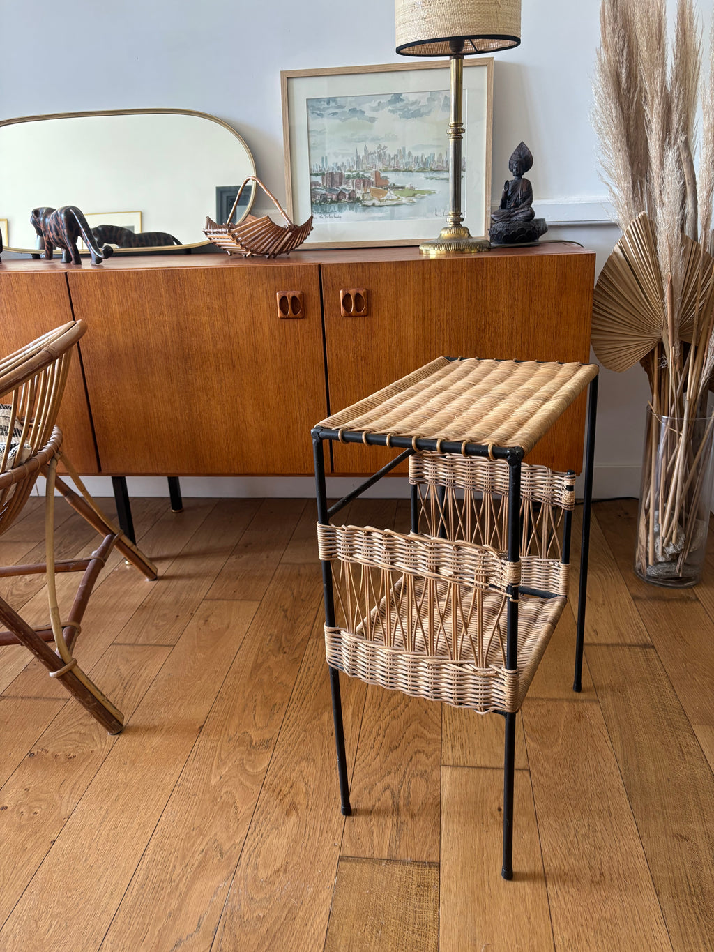 Table d’appoint en métal et osier tressé – années 70/80