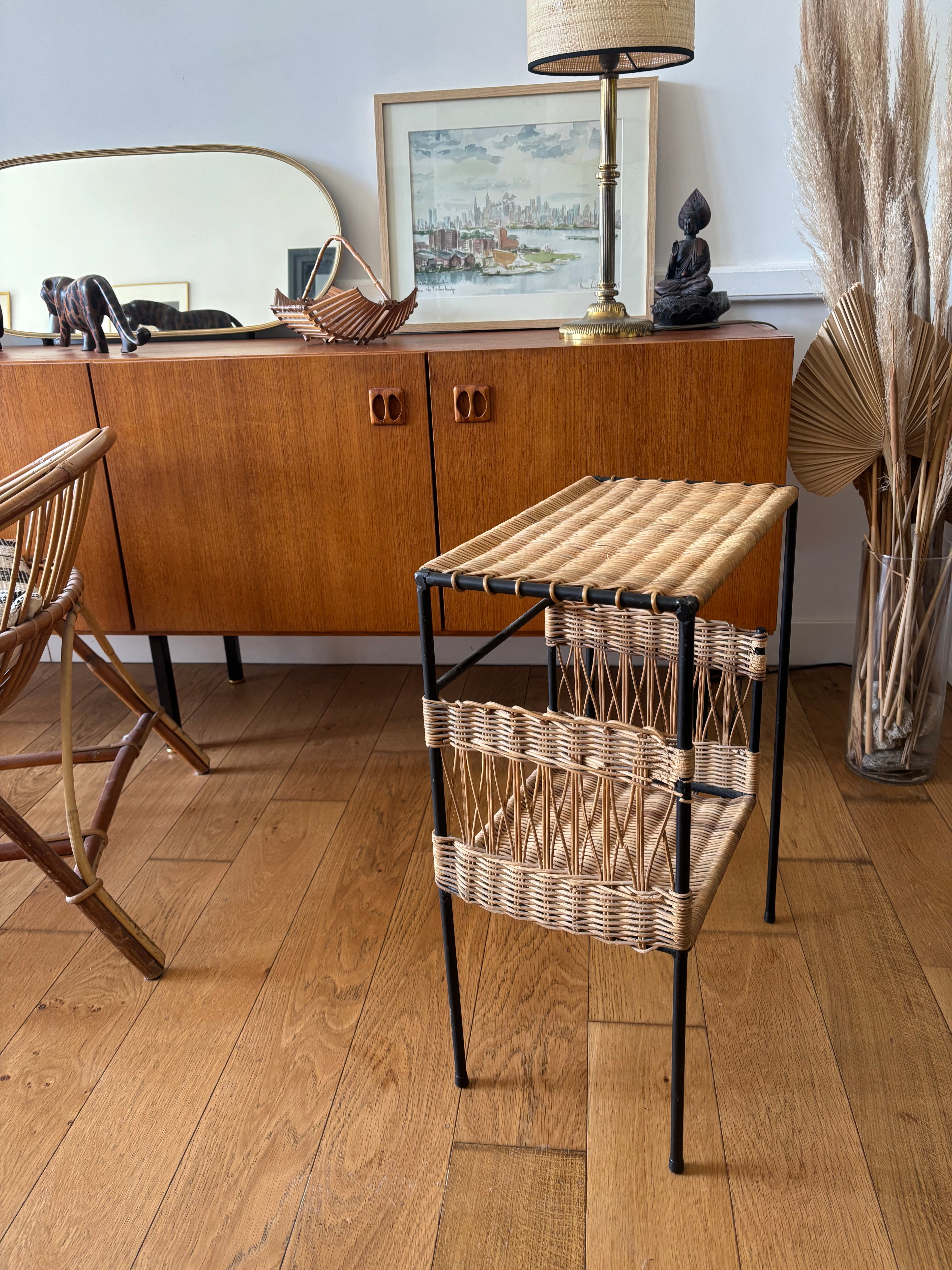 Table d’appoint en métal et osier tressé – années 70/80