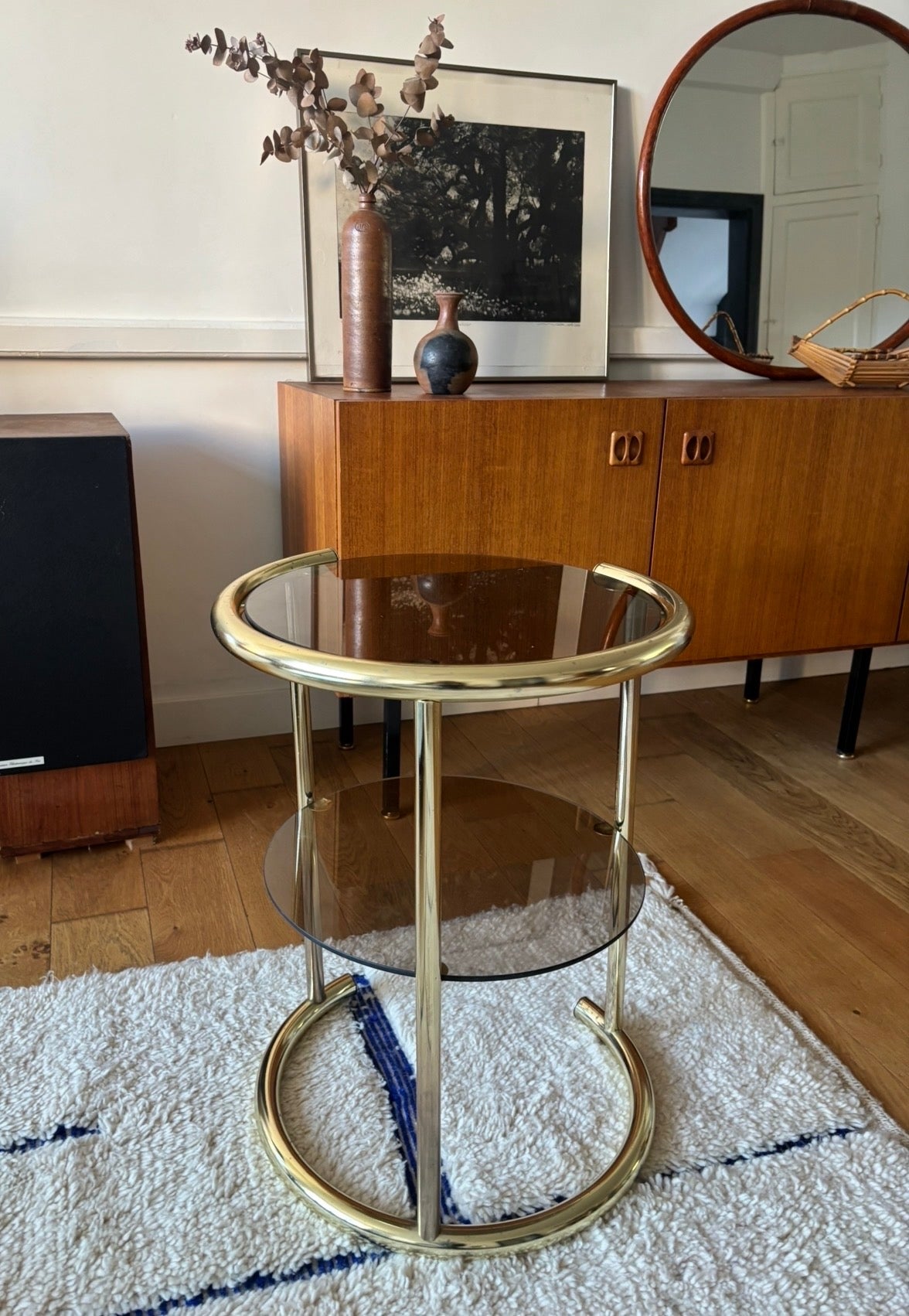 Desserte en laiton et verre fumé – années 70/80