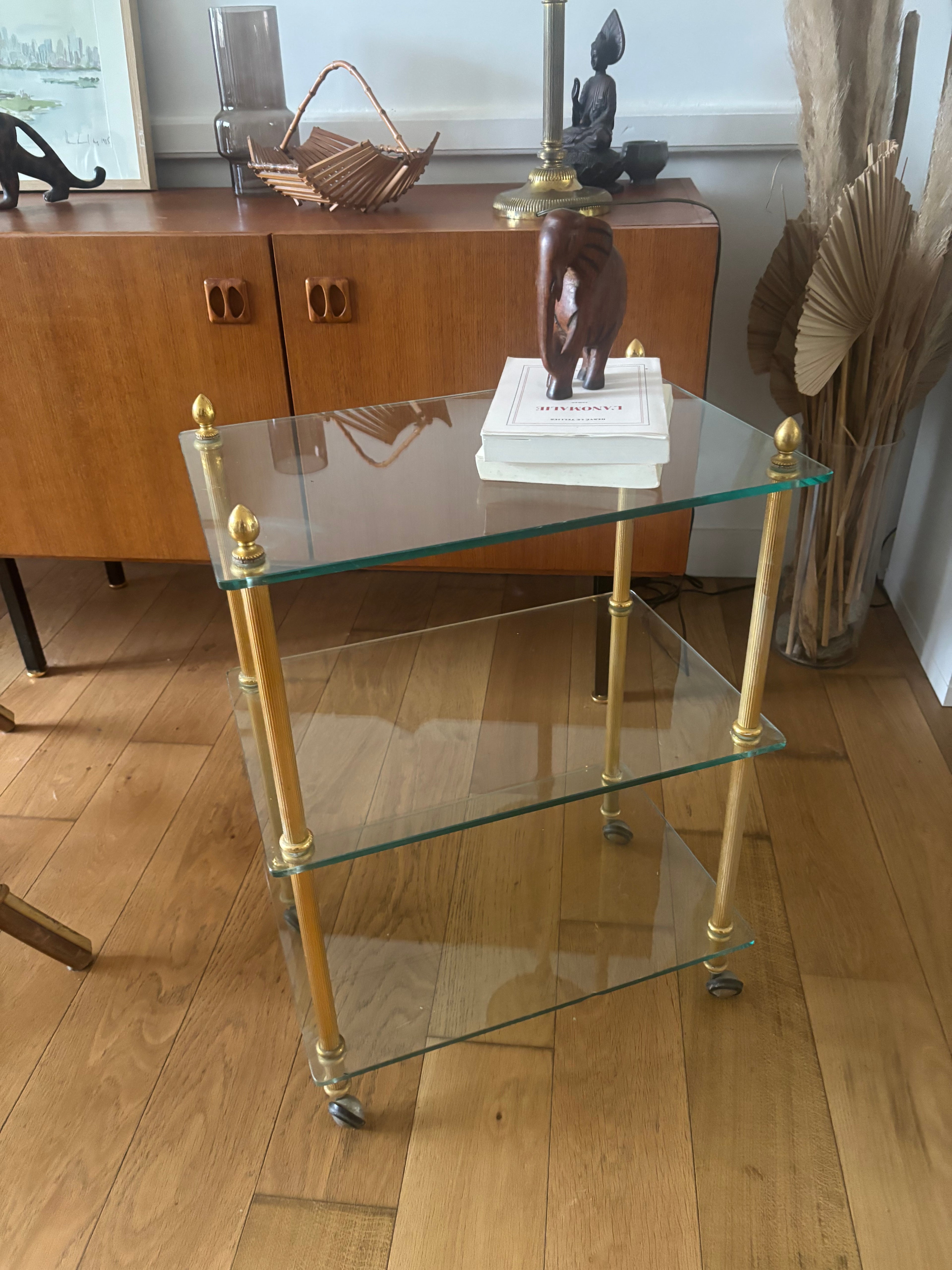 Desserte roulante en laiton et verre – années 70/80