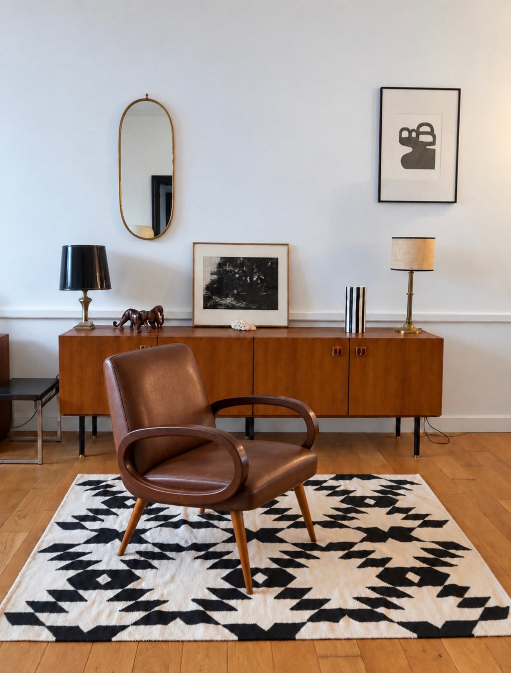 Tapis kilim en laine à motifs géométriques – noir & écru