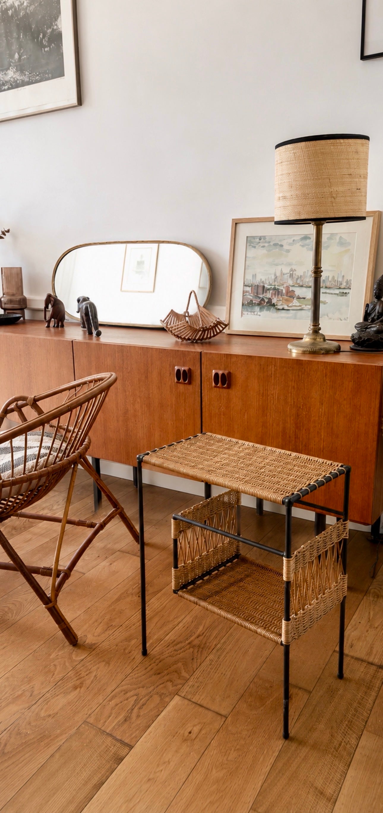 Table d’appoint en métal et osier tressé – années 70/80