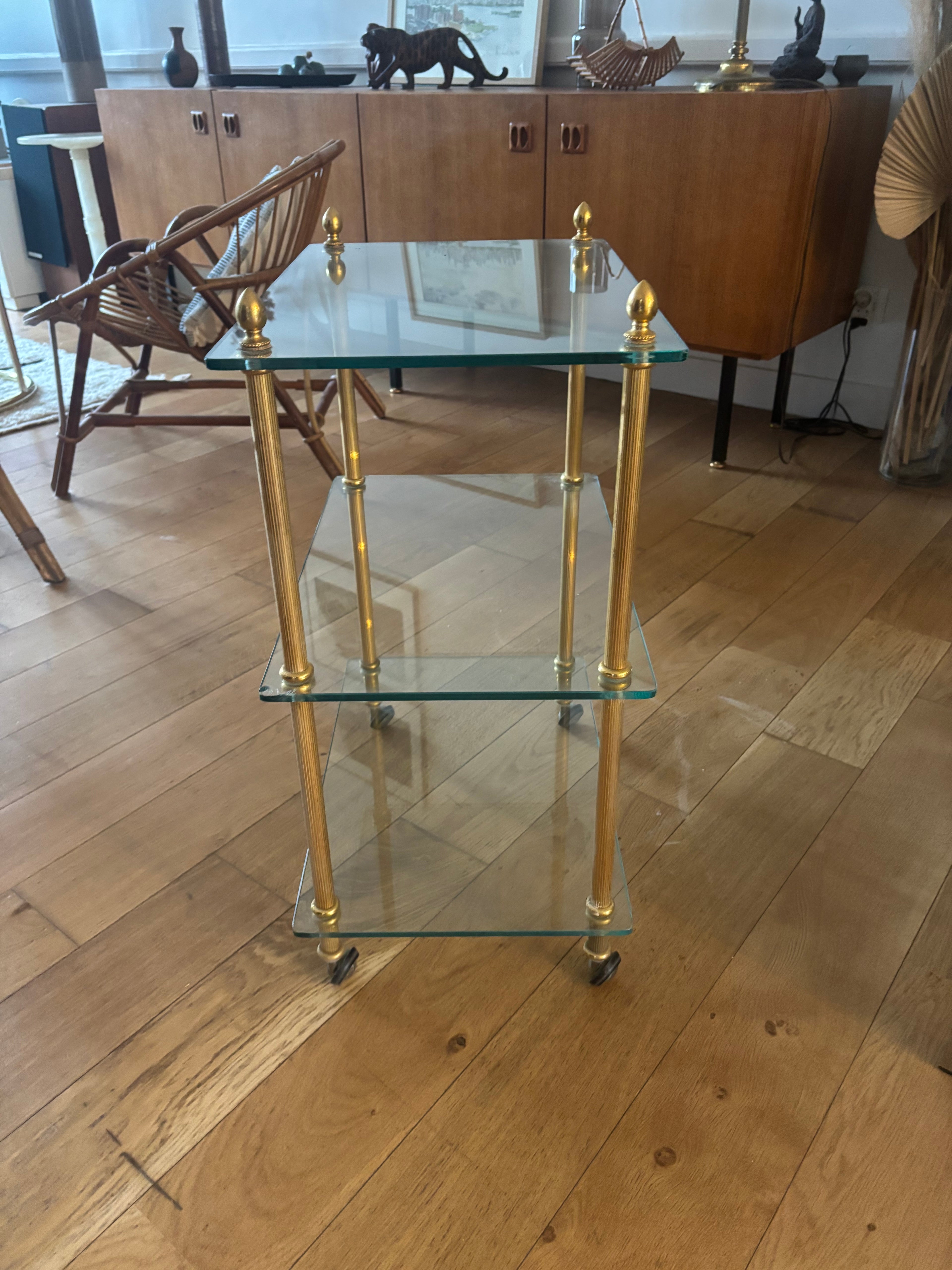 Desserte roulante en laiton et verre – années 70/80