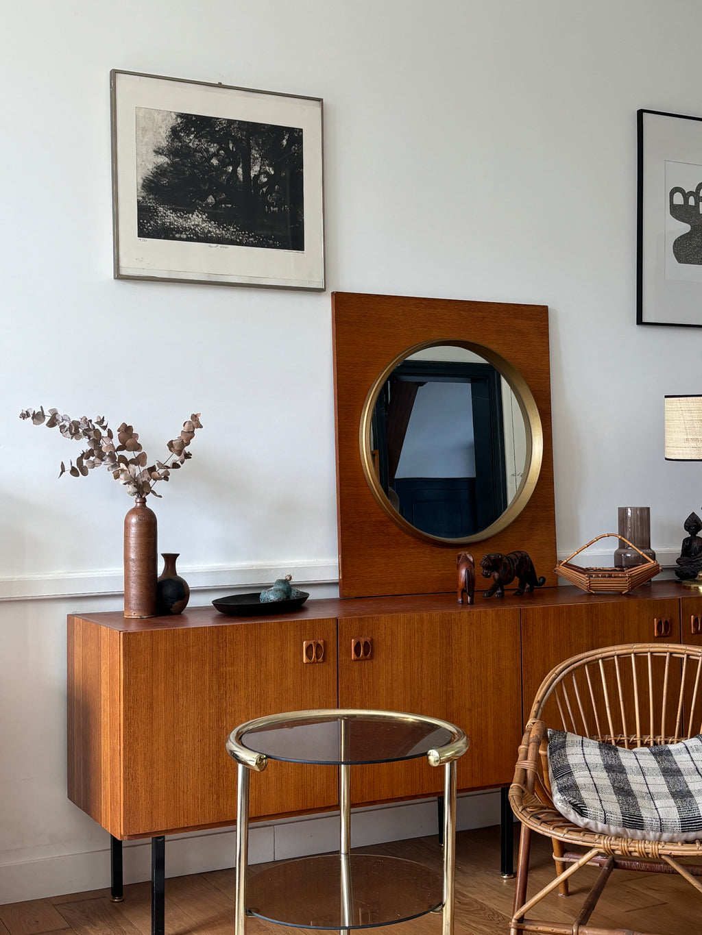 Miroir mural vintage — bois & finition laiton (années 70)