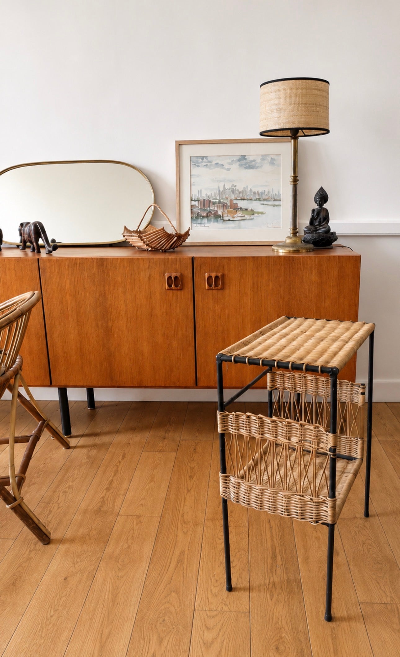 Table d’appoint en métal et osier tressé – années 70/80