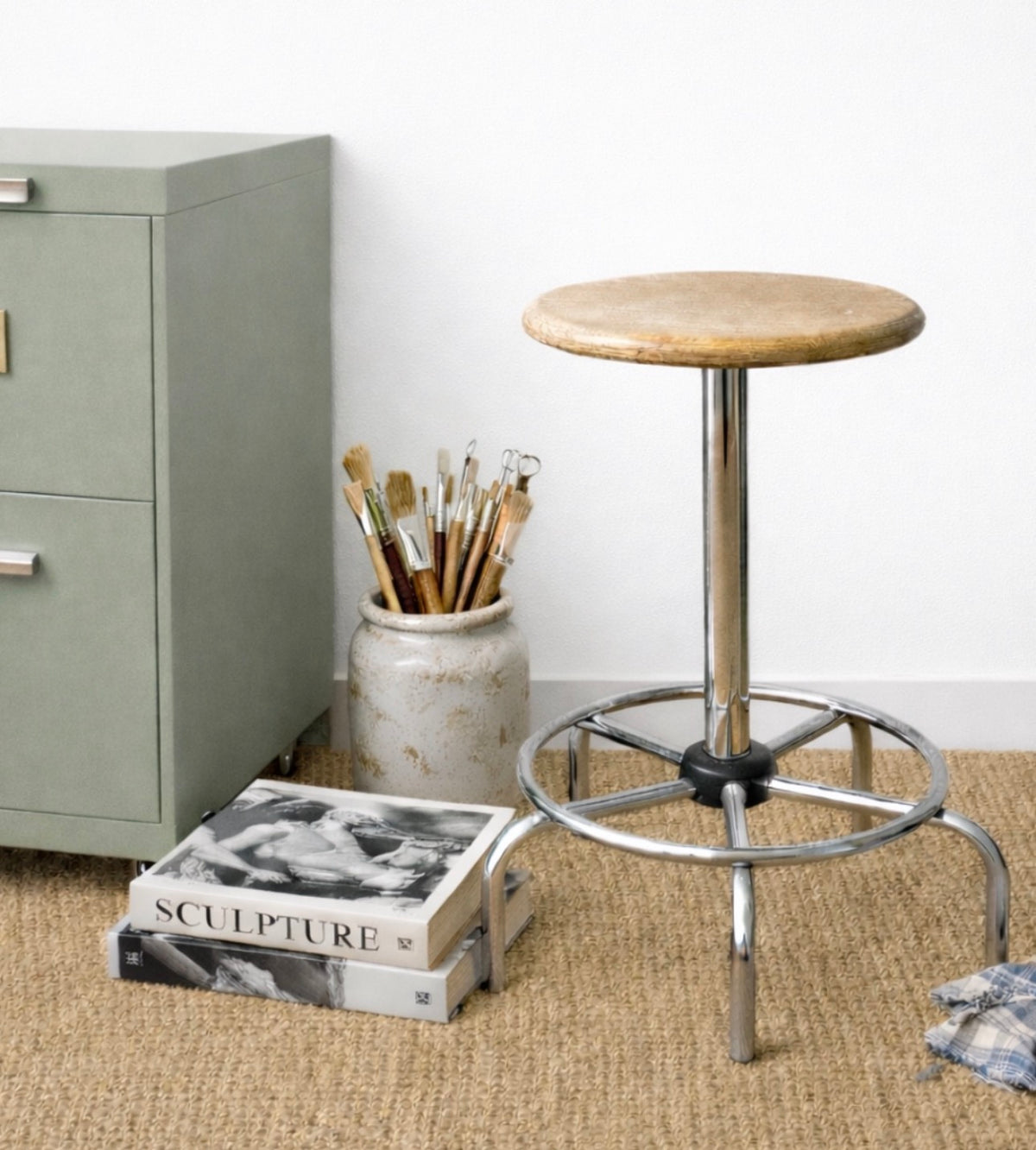 Tabouret d’atelier pivotant en bois et chrome