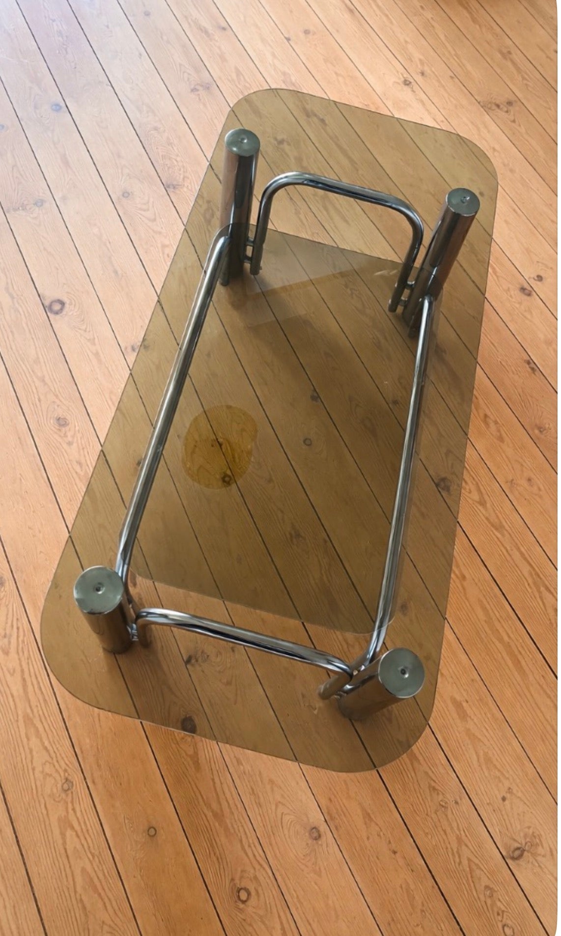 Table basse vintage années 70 – verre fumé et chrome