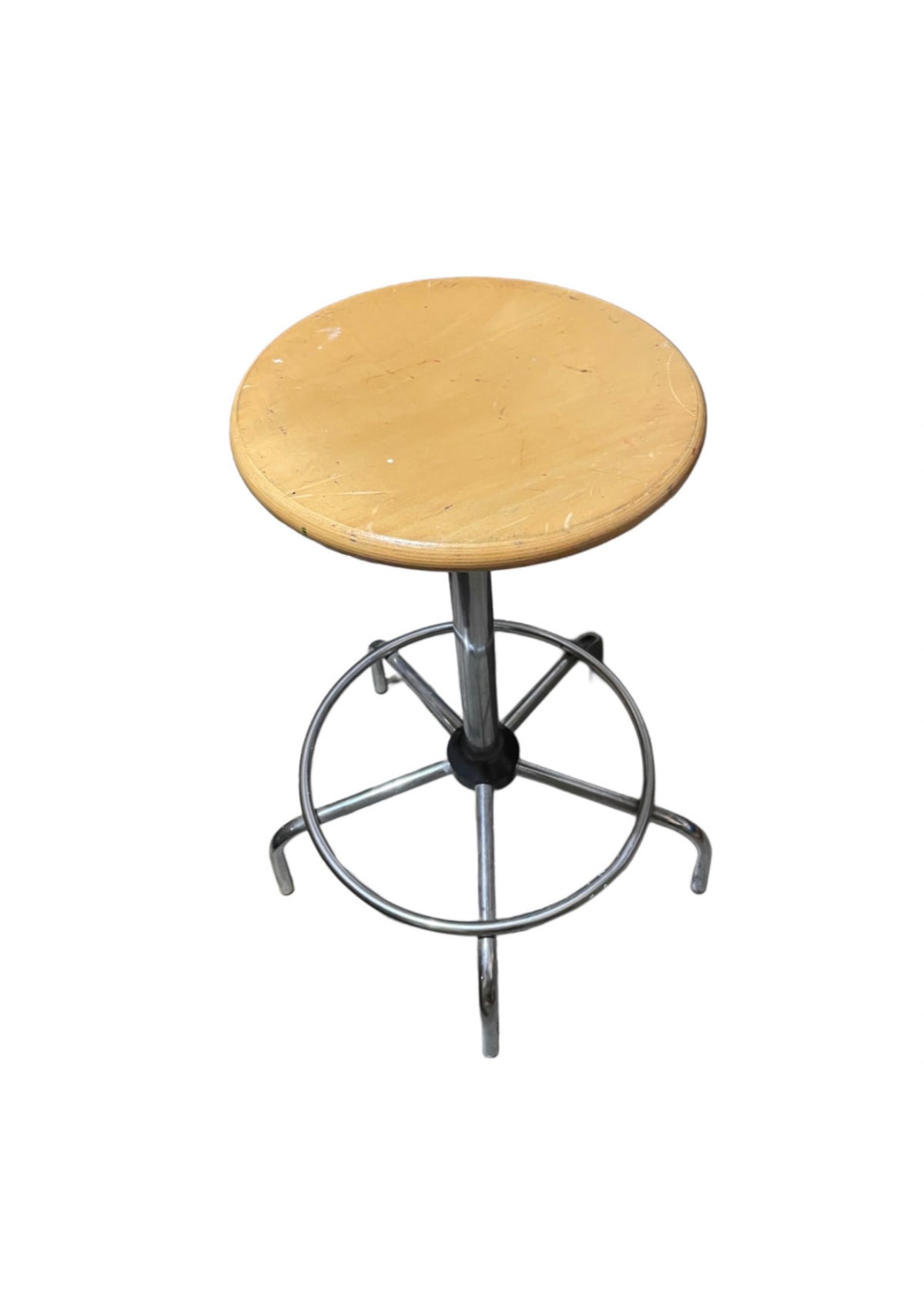 Tabouret d’atelier pivotant en bois et chrome