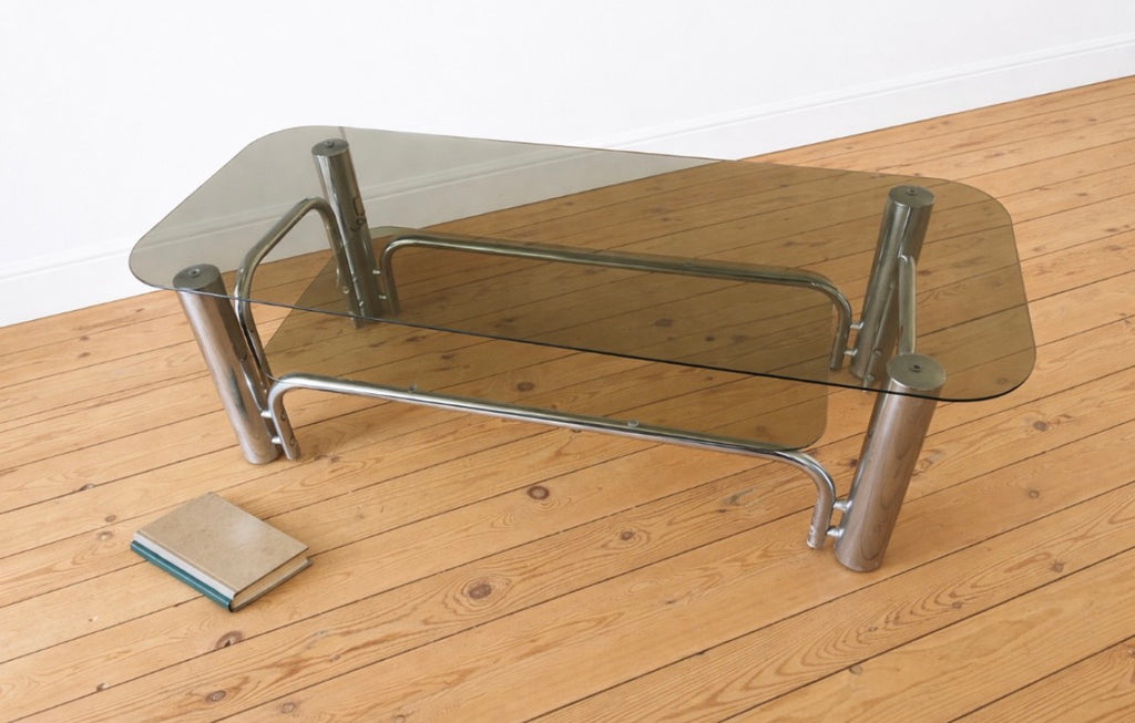 Table basse vintage années 70 – verre fumé et chrome