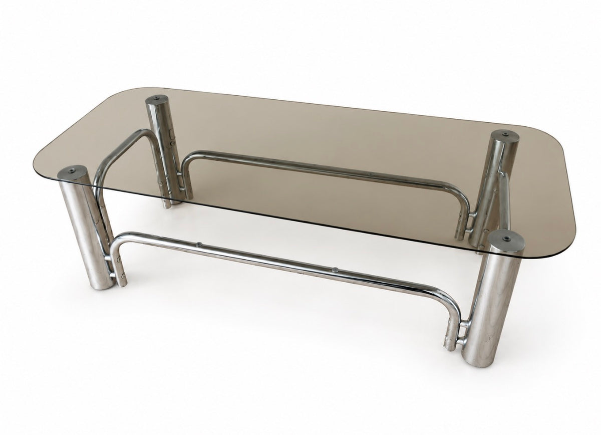 Table basse vintage années 70 – verre fumé et chrome