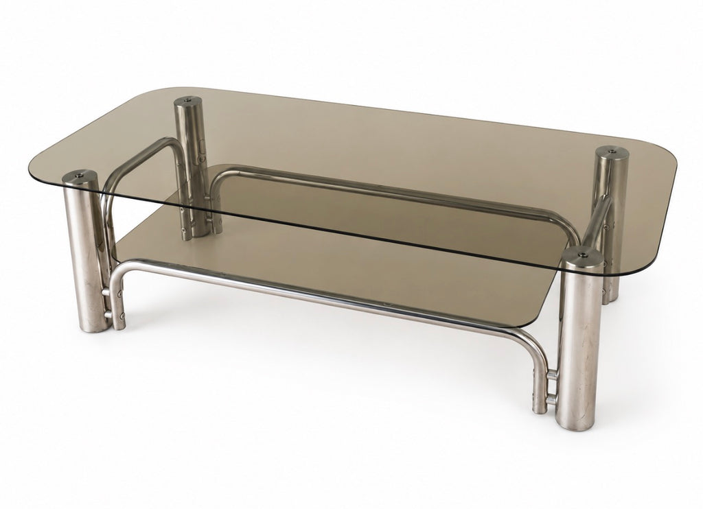 Table basse vintage années 70 – verre fumé et chrome